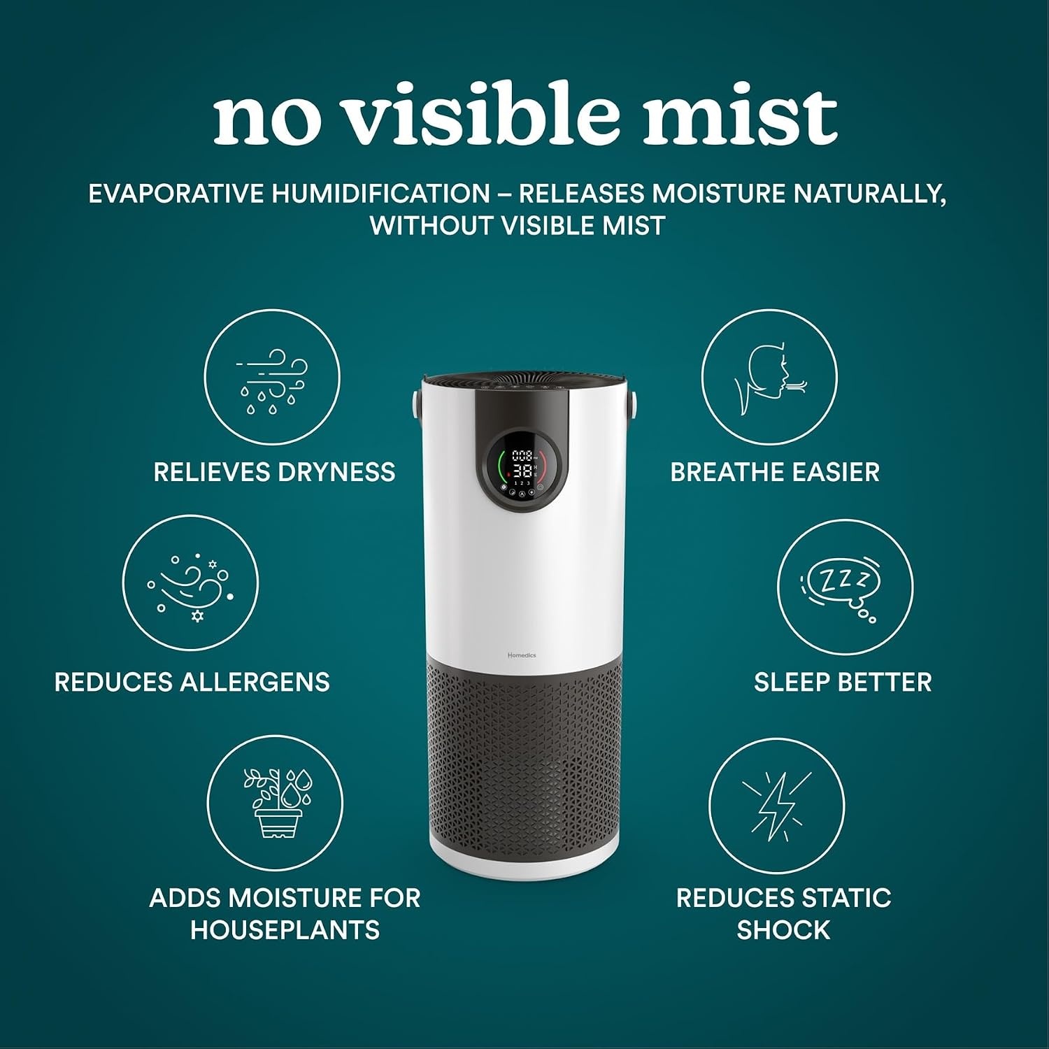 image:imageHomedics 2in1 Air Purifier amp Evaporative Humidifier for Large Rooms  HEPA Air Cleaner Filtered Humidification Digital Air Quality Sensor Auto Mode Tower Design for Home No Visible Mist2in1 Air Purifier  Humidifier