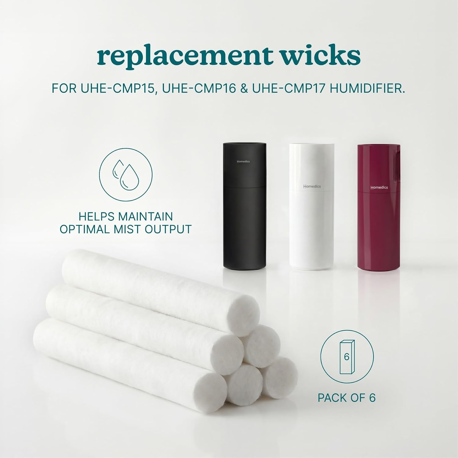 image:imageHomedics TotalComfort Replacement Wicks Pack of 6 Humidifier Filters Cotton Refill Sponges Replacement Filter Wicks for Portable Mini Ultrasonic Humidifiers Fits UHECMP15 UHECMP16 UHECMP17